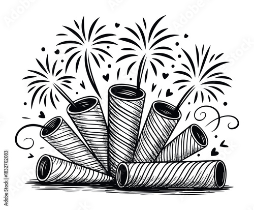 Explosion of fireworks and firecrackers against a stark background, ideal for celebratory themes and holiday promotions