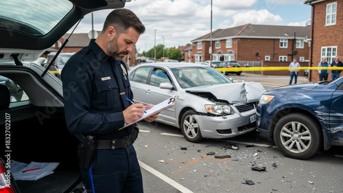 Male police officer in uniform investigates and records details of a multi-car accident on an urban street, documentation footage.