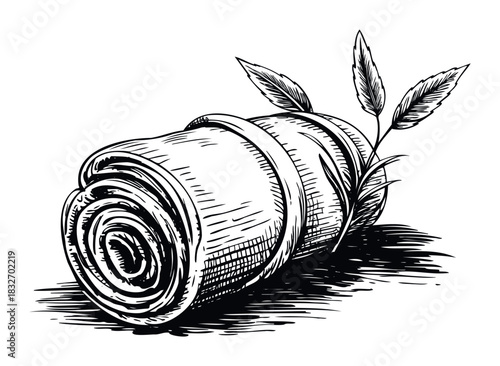 Hand drawn sketch of a rolled up mat with plant leaves and shadow, perfect for yoga, meditation, or natural product promotions
