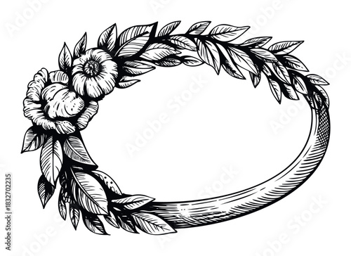Black and white floral oval border with roses and leaves for elegant invitations, frames, and vintage celebrations, conveying natural beauty and ornamental sophistication.