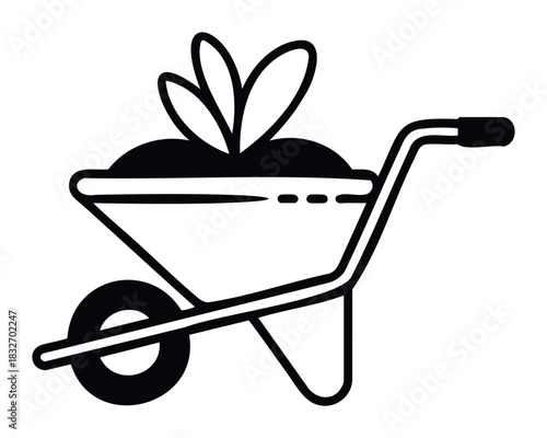 Garden wheelbarrow filled with soil and plant sprouts, perfect for gardening projects, landscape design, and farming concepts.