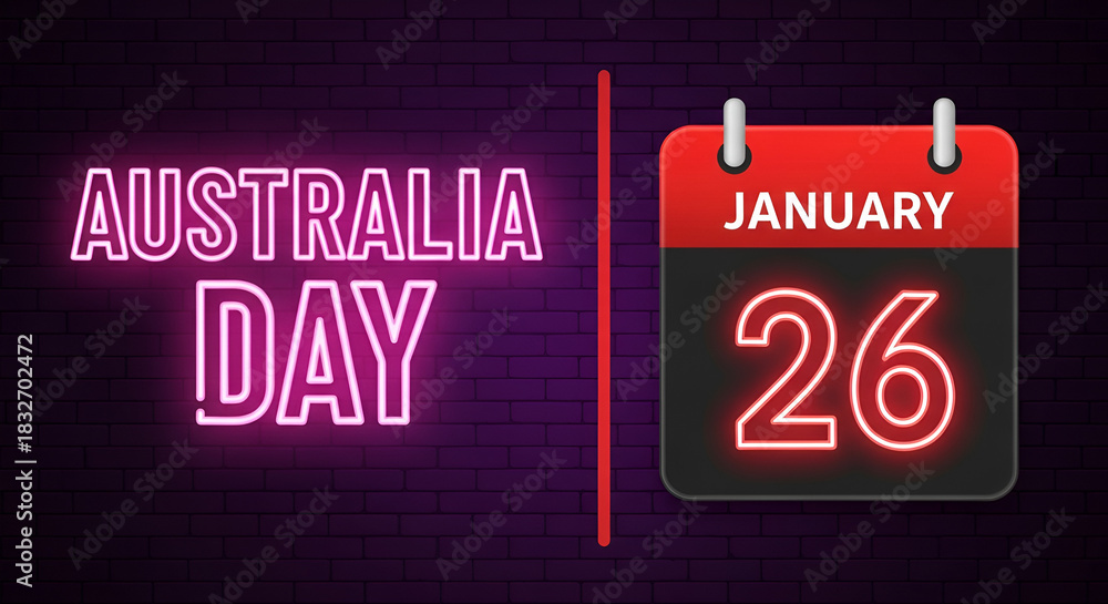 Obraz premium Happy Australia day of Australia, 26 January . World National Days Neon Text Effect on bricks