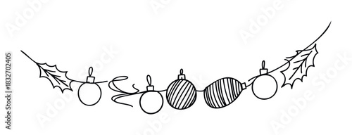 Festive garland with holly leaves and hanging Christmas baubles, perfect for seasonal decorations and holiday celebration designs