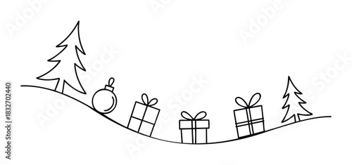 Festive winter scene with Christmas trees and gift boxes on snowy hills, perfect for holiday greetings and seasonal promotions.