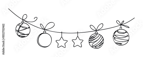 Festive garland with string lights and ornaments including baubles and stars, perfect for holiday celebration graphics and winter season themes.