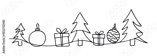 Continuous line drawing of festive Christmas trees, gift boxes, and ornaments creating a delightful winter holiday celebration, perfect for greeting cards and seasonal decor use