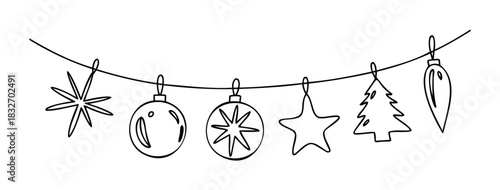 Festive garland of hand drawn Christmas ornaments and tree shapes hanging on a string for holiday celebrations and New Year decorations.