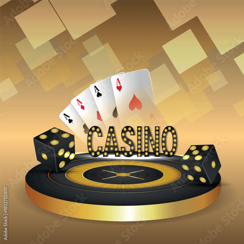 Casino gambling game with vector illustration of roulette, playing cards, and dice