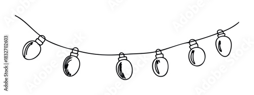 Simple line drawing of a string of incandescent lights with bulbs in various sizes and shapes, perfect for holiday decoration and party ambiance use cases.