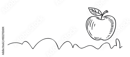 Simple hand drawn outline of an apple with a stem and leaf, perfect for educational materials or healthy eating themes.