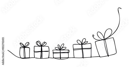 Single line drawing of a series of gift boxes with bows, ascending in size from left to right, perfect for celebrations and conveying surprise.