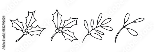 Decorative hand drawn outline holly leaves with berries and simple branch sprigs for festive holiday embellishment and seasonal greeting projects