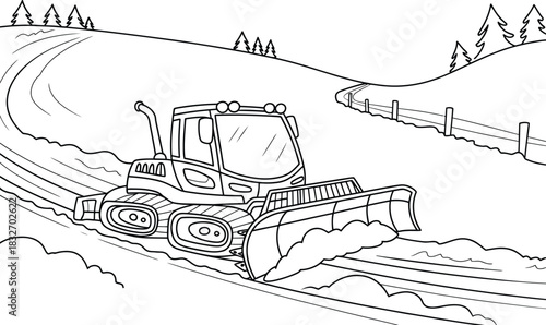 Cartoon Snowplow Clearing a Snowy Road in a Winter Landscape
