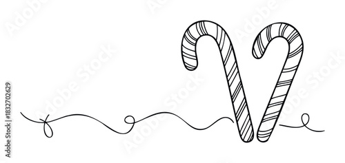 Simple line drawing of two candy canes with decorative swirls, perfect for holiday greetings and festive celebration designs.