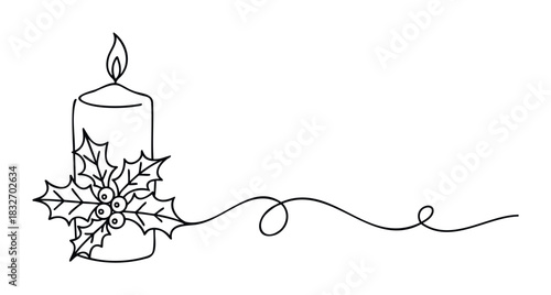Minimalist continuous line drawing of a lit candle adorned with holly berries and leaves, perfect for festive holiday decorations, invitations, and greeting cards.
