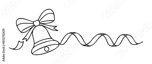 Festive single bell with ribbon and wavy ribbon element for holiday celebration or greeting purposes offering a joyful seasonal message