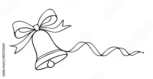 Simple line drawing of a festive bell adorned with a bow and a flowing ribbon, perfect for holiday greetings and celebration visuals.