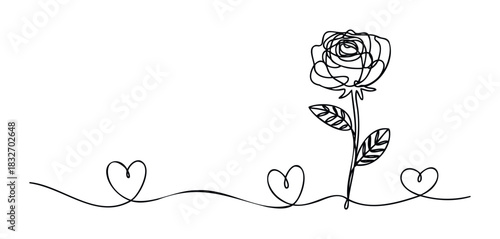 Minimalist black line drawing of a single rose with a stem and leaves, connected by a flowing line with three hearts, perfect for romantic and elegant designs.