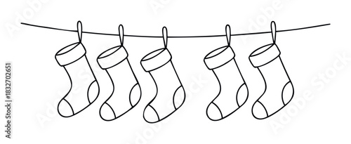 Simple line drawing of five Christmas stockings hanging from a wire, perfect for holiday greetings and festive decorations.