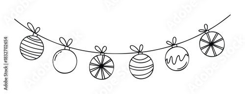 Delightful festive garland featuring assorted hand drawn Christmas ornaments strung on a line for holiday decoration and celebration applications.
