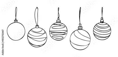 A collection of handdrawn Christmas ornaments with string hangers displayed as individual icons perfect for holiday decorating and festive celebrations.