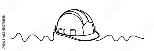 Single line drawing of a hard hat with wavy lines suggesting safety or construction, perfect for industry related projects and protective gear concepts.