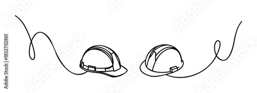 Minimalist black and white line art of two hard hats connected by a flowing single line, perfect for construction, safety, or labor themes in graphic projects.