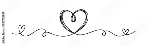 Continuous line heart symbol with looping tails and smaller hearts, perfect for romance and greeting themes, adding a touch of love to any occasion.