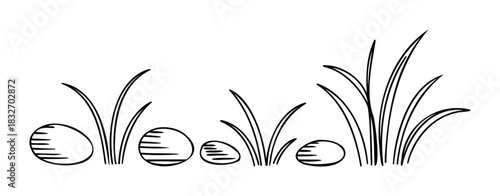 Simple line drawing of Easter eggs nestled among grass blades on a white background, perfect for holiday greetings and spring themes