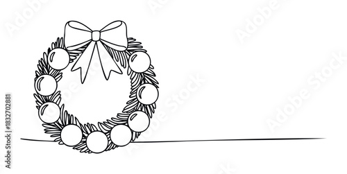 Black and white line drawing of a festive Christmas wreath adorned with baubles and a bow, perfect for holiday decorations and seasonal greetings.