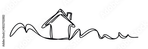 Minimalist single line drawing of a house atop wavy terrain representing growth and stability, perfect for real estate or financial concept visuals.
