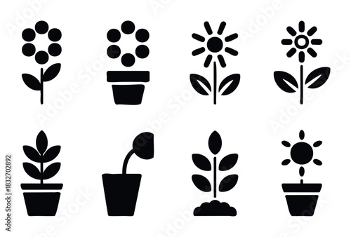 Collection of stylized plant icons in black, featuring various flowers and seedlings for gardening and growth themes, perfect for app interfaces and educational materials