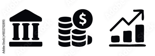 Collection of simple black icons representing a bank building, stacked coins with a dollar sign, and a growth chart with an upward arrow, suitable for financial and business concepts.