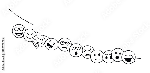 Line of diverse expressive faces showing a range of emotions from joy to sadness, perfect for social media, communication, or mood concept presentations.