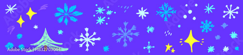 Playful Christmas snowflake graphics full of crayon marks and chalk smears. Snowy atmosphere gives each snowflake character as crayon lines meet chalk snow texture.