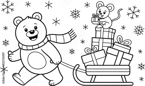 Cute cartoon bear pulling a sleigh full of gifts with a mouse on top, surrounded by snowflakes