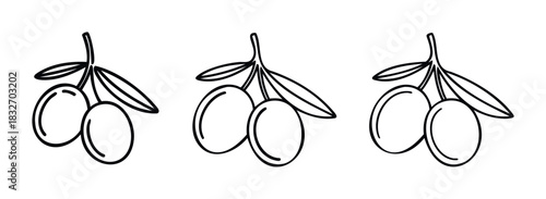 Three bunches of olives on branches with leaves rendered in a simple black and white outline style for use in food and beverage related content.
