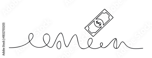 Abstract single line drawing depicts a dollar bill with currency symbol above a wavy line representing financial flow or growth for economic concepts and business themes.
