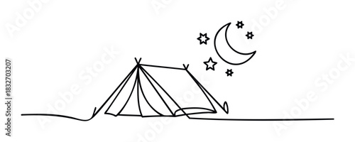 Simple line drawing of a tent under a crescent moon and stars, perfect for camping themes, outdoor adventures, and travel concepts.