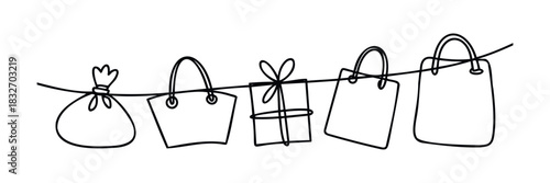 Continuous line drawing of shopping bags and a gift box hanging on a string, perfect for retail promotions and holiday sales.