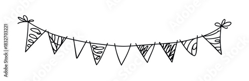 Whimsical hand drawn bunting flags with decorative doodles strung on a line, perfect for party decorations, celebrations, or festive announcements.