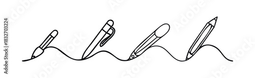Collection of writing tools including a brush pen, ballpoint pen, marker, and pencil drawing a wavy line symbolizing creativity and communication for various projects.
