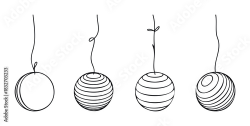 Four suspended orbs with varied line textures and string attachments, perfect for decoration or abstract concepts in graphic projects.