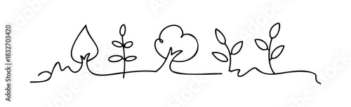 Minimalist line drawing of growing plants and trees symbolizing nature and environmental growth, perfect for eco friendly concepts and organic branding.