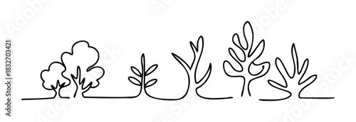 Minimalist continuous line drawing of stylized trees and foliage for organic design and natural theme applications