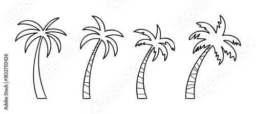 Collection of simple black outlines of palm trees with varied trunks and fronds, perfect for tropical themes and summer promotions