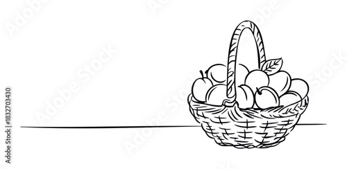 Simple line drawing of a woven basket overflowing with fresh fruit and a single leaf, perfect for food and harvest themes