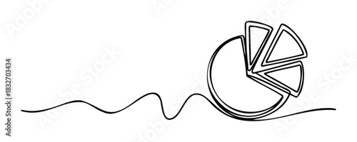 A simple continuous line drawing of a pie chart with segments and a wavy line representing data trends for business analysis or financial reporting purposes.