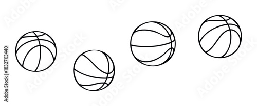 Collection of simple outline basketballs in different orientations and sizes, ideal for sports graphics, game development, and athletic branding projects.