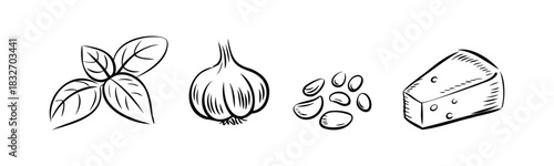 Collection of ingredients for cooking and food preparation including basil leaves, garlic, garlic cloves, and cheese, perfect for culinary projects and recipes.